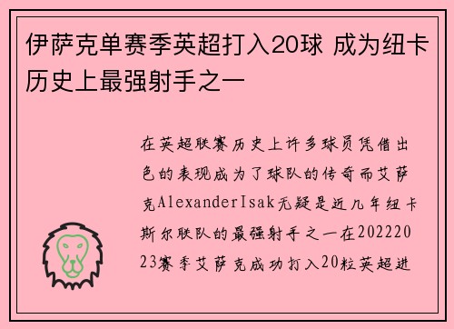 伊萨克单赛季英超打入20球 成为纽卡历史上最强射手之一 伊萨克单赛季英超打入20球 成为纽卡历史上最强射手之一